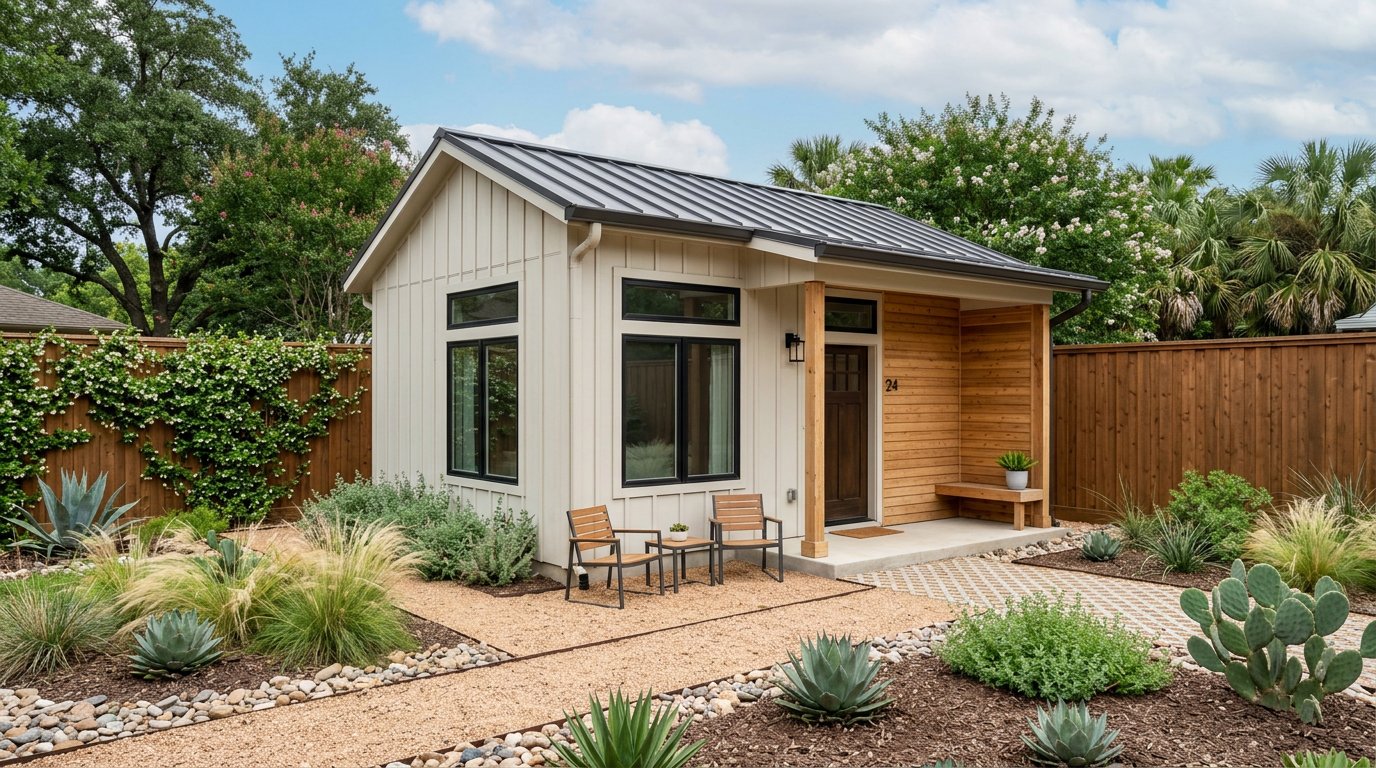 Compact ADU exterior with xeriscape
