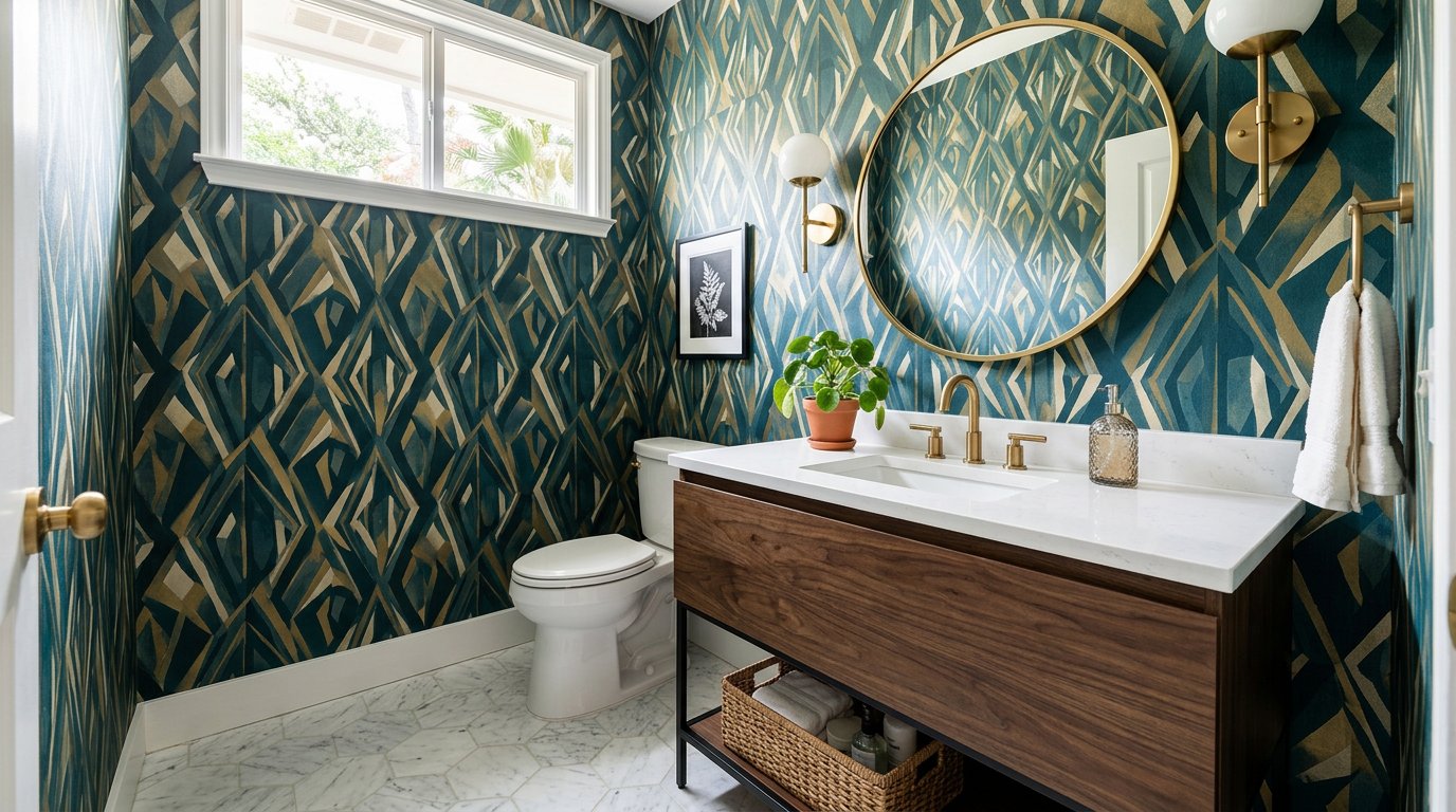 Powder room with bold wallpaper