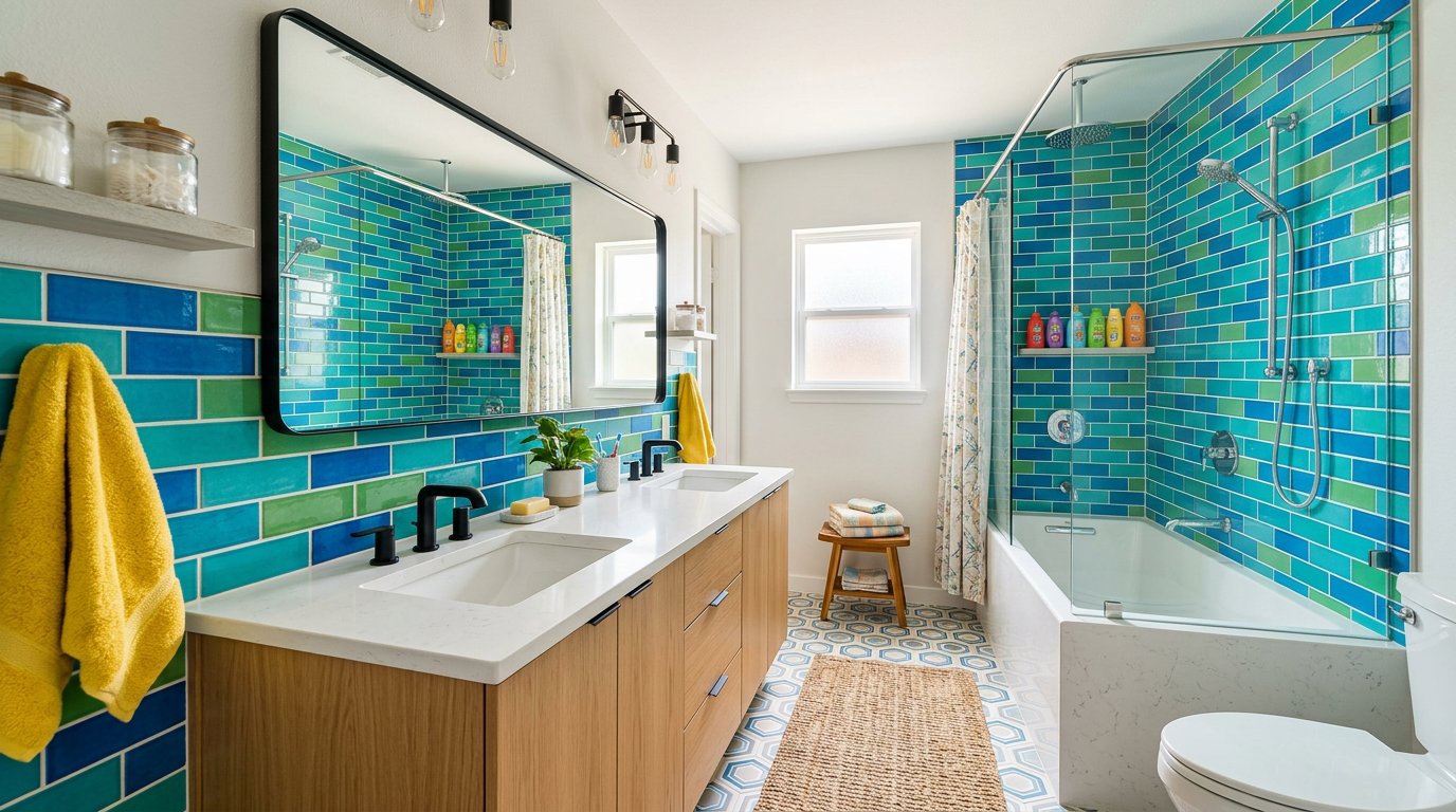 Kids' bathroom with colorful tile