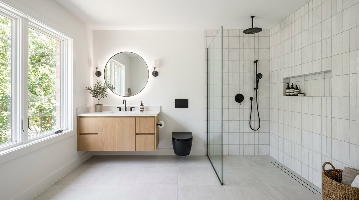 Wet room with curbless shower