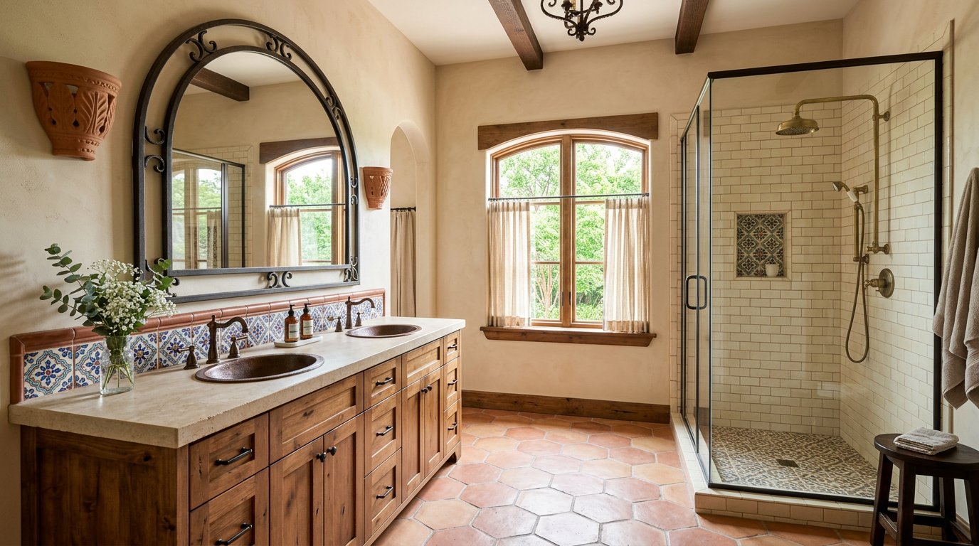 Spanish style bathroom with arched mirror