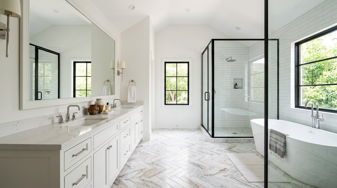 Master bath with herringbone marble floor
