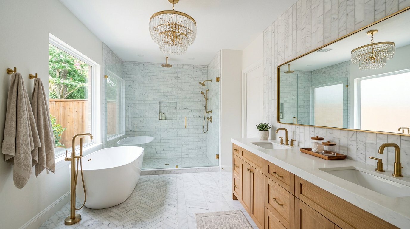 Luxury bath with chandelier