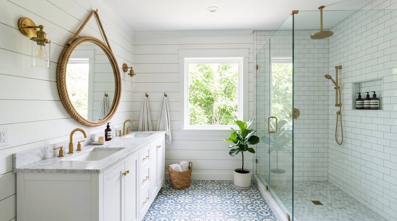 Coastal bathroom with shiplap and rope mirror