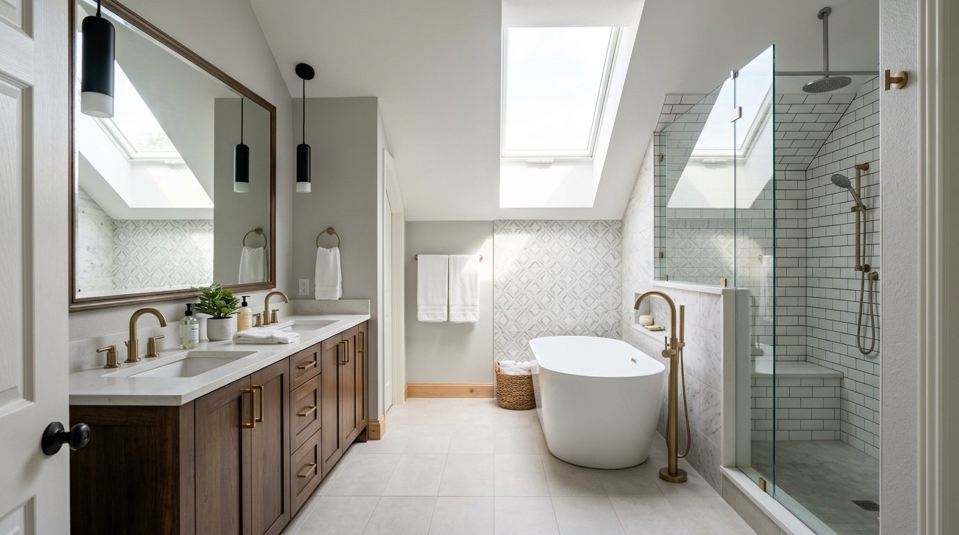 Bathroom with skylight over tub