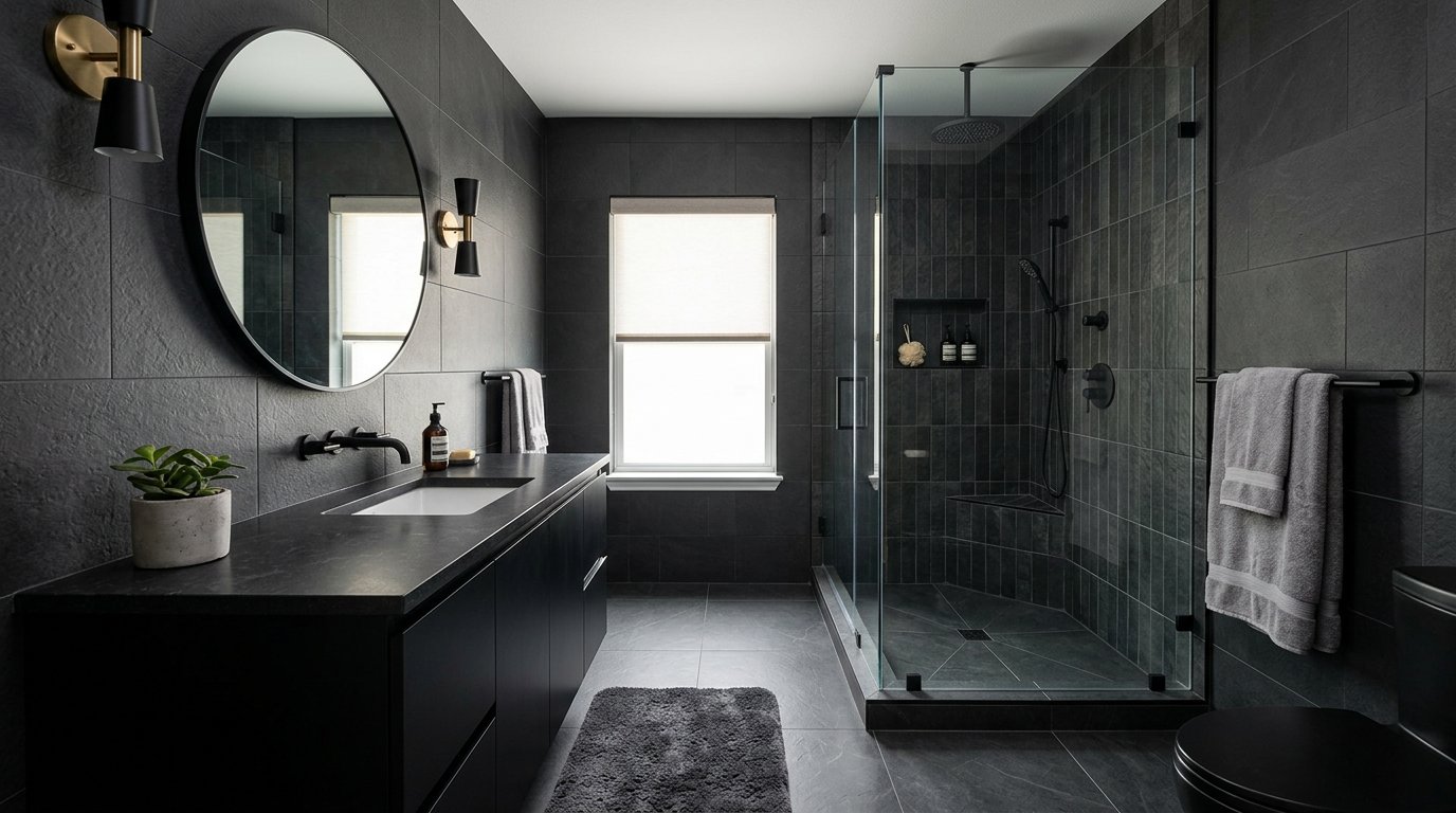 Dark moody bathroom with black tile