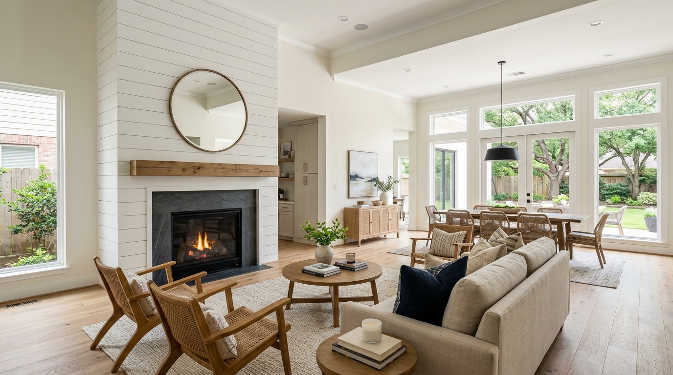 Living room remodel with shiplap fireplace