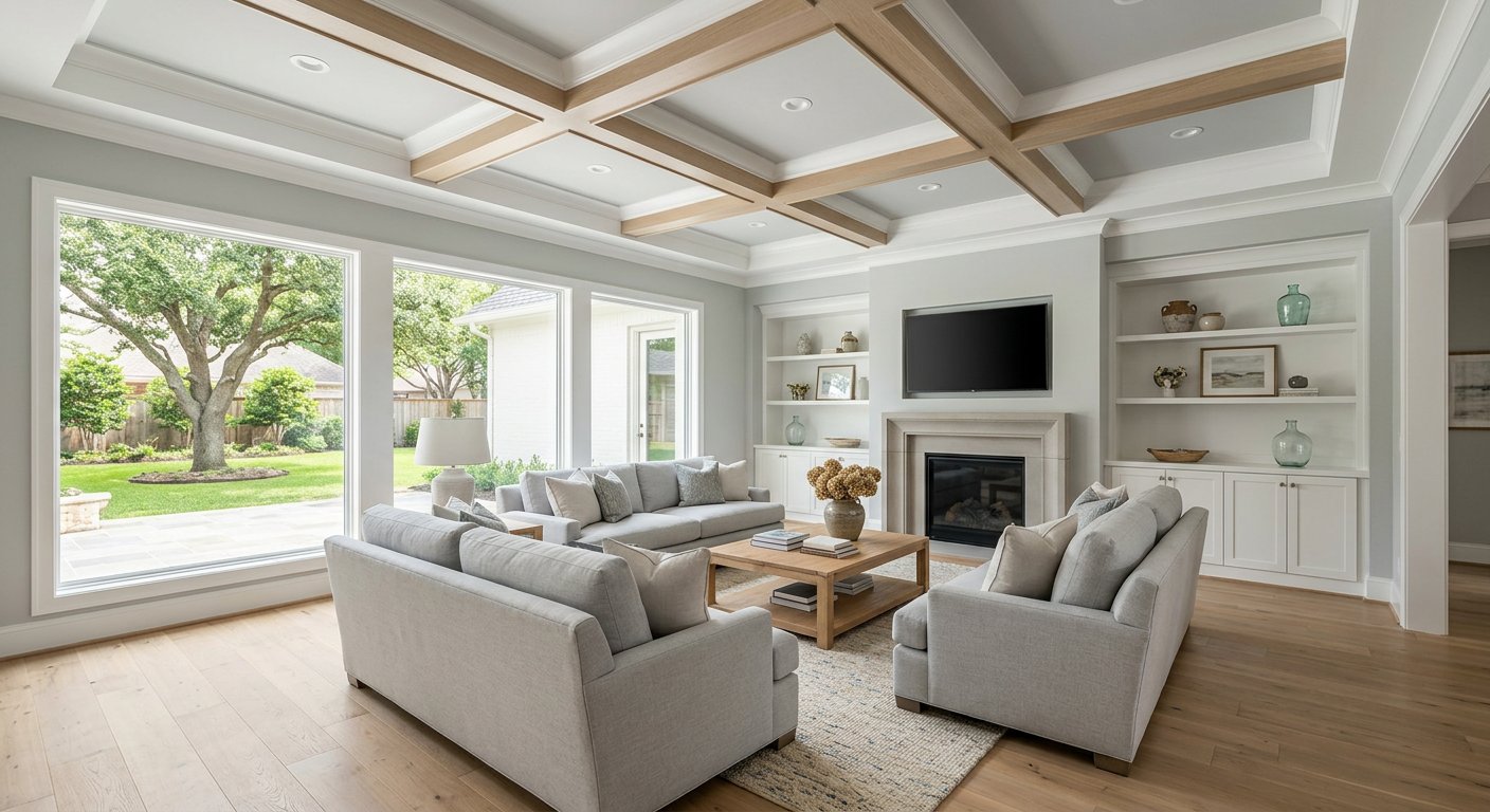 Family room update with coffered ceiling