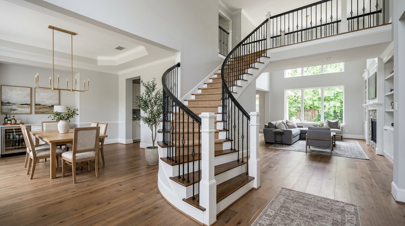 Staircase remodel with iron balusters