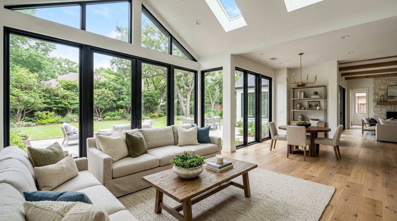 Sunroom addition with floor to ceiling glass