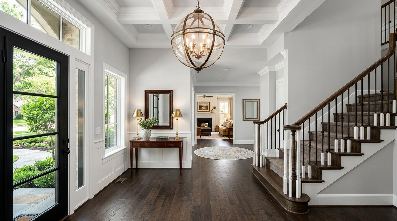 Foyer remodel with statement chandelier