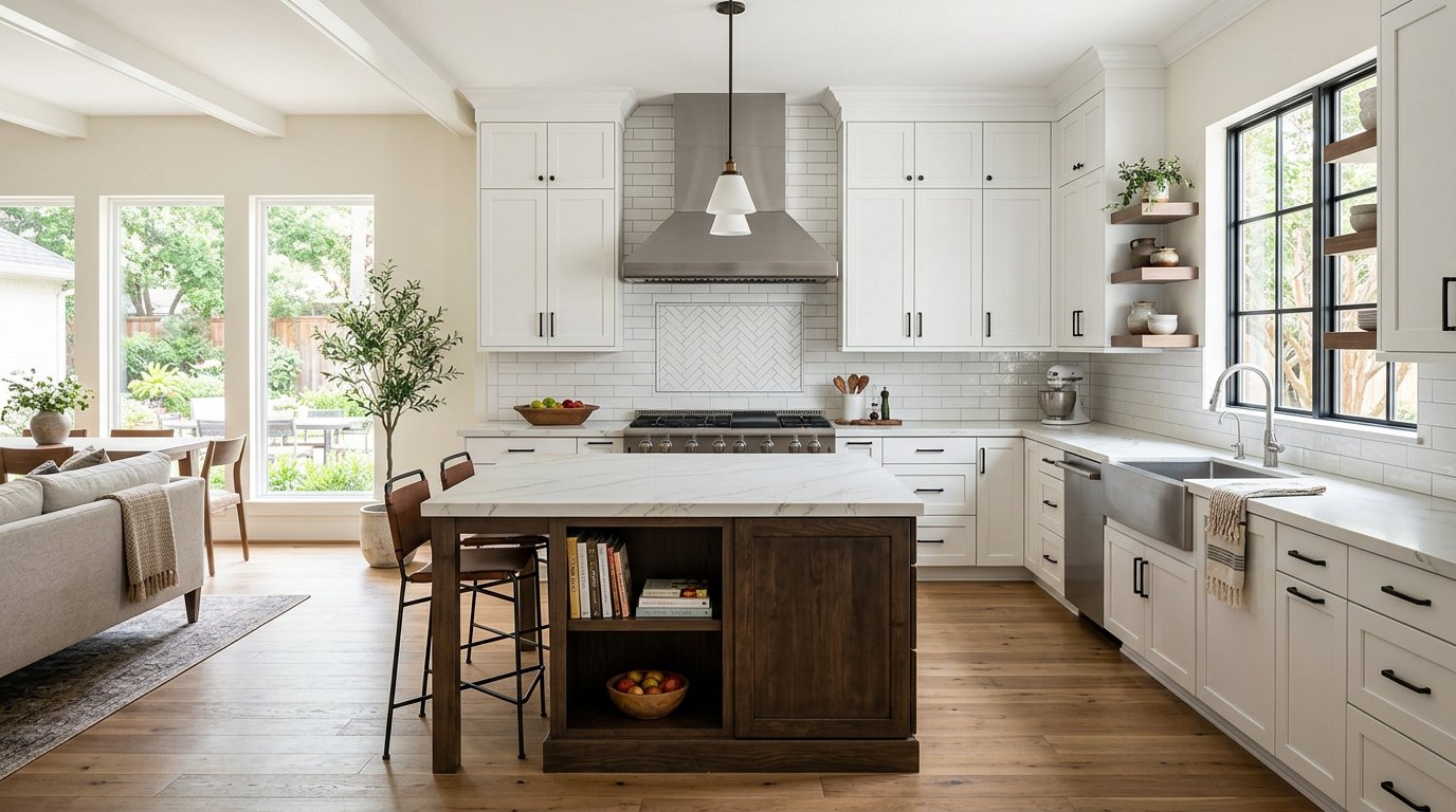 Open-concept white shaker kitchen