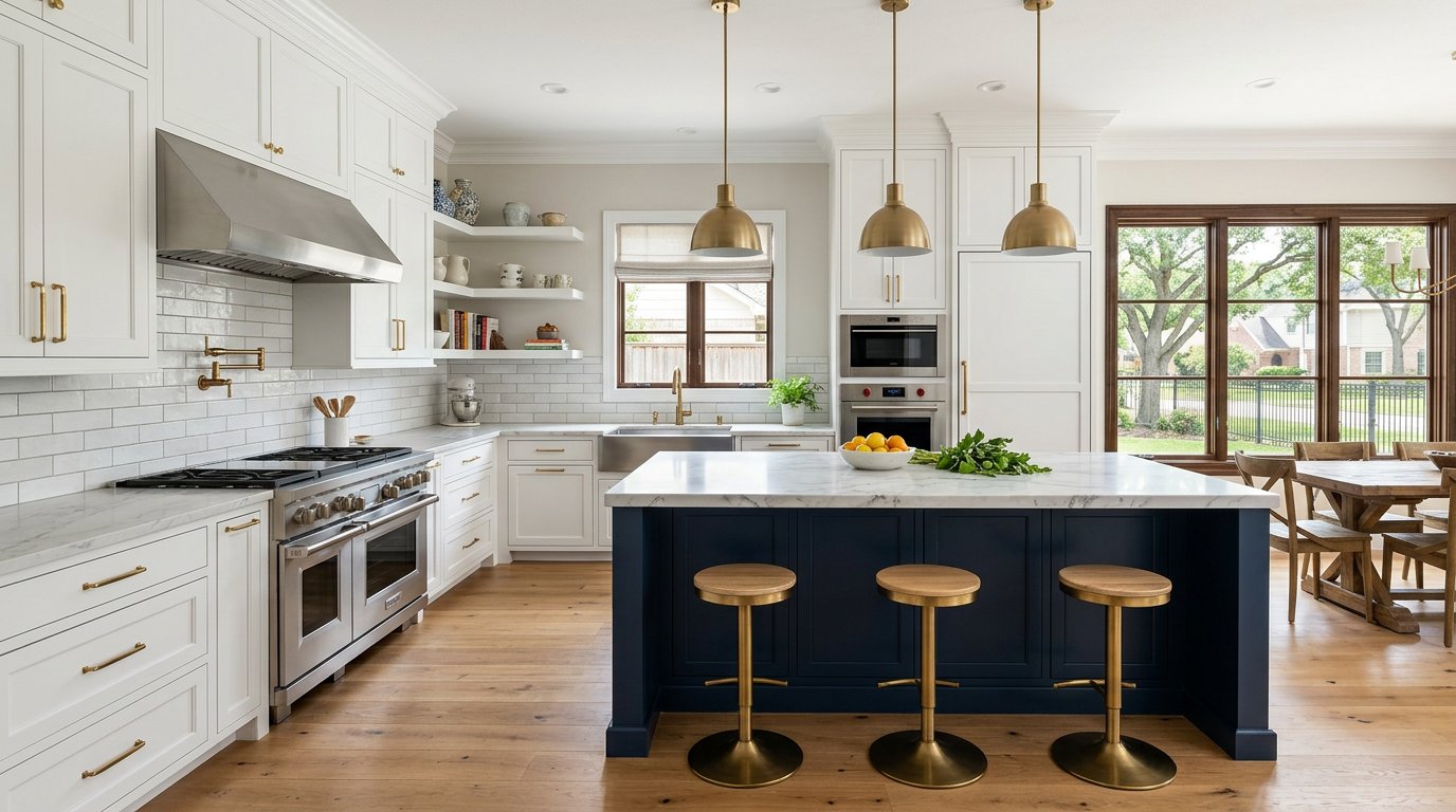 Navy island kitchen with brass hardware