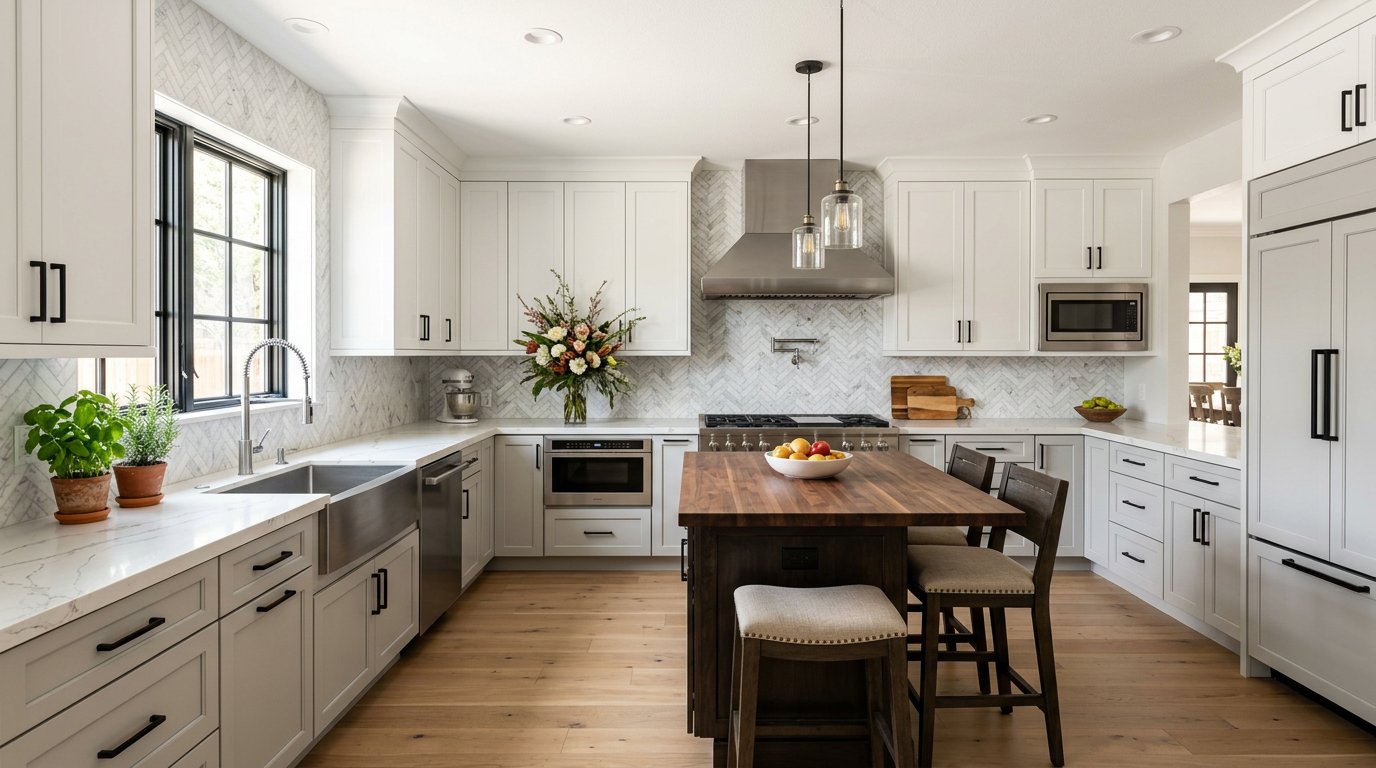 Transitional kitchen with marble backsplash