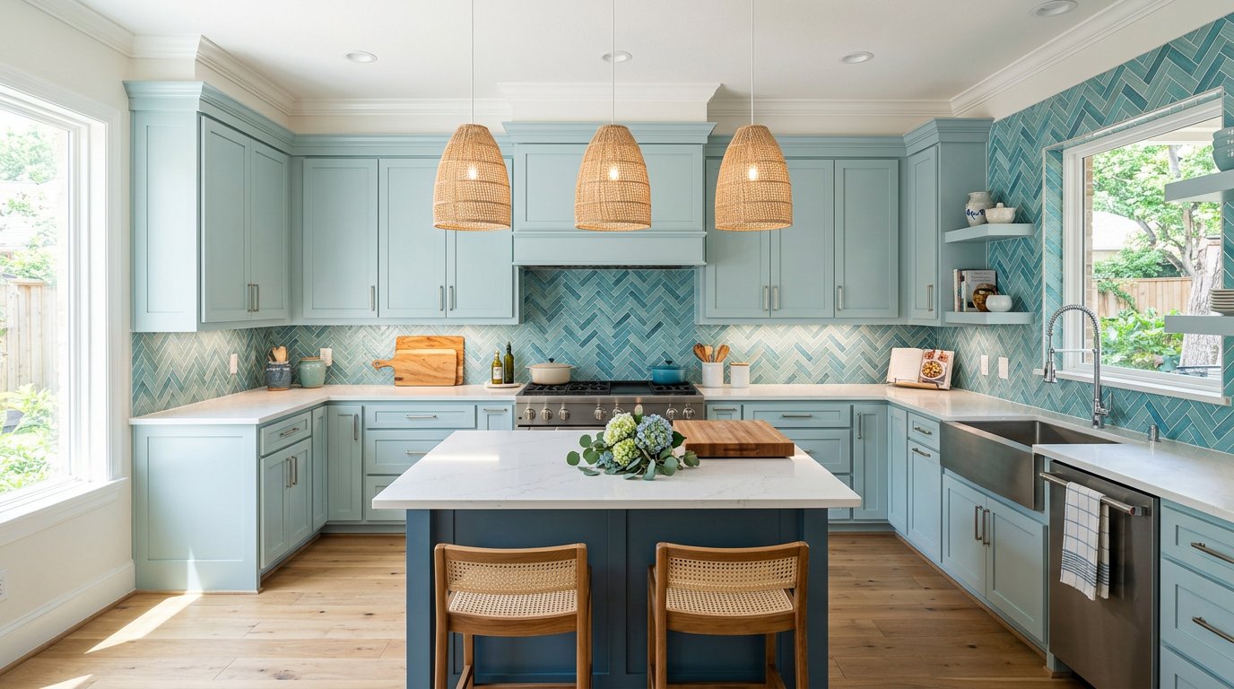 Coastal kitchen with sea glass tile
