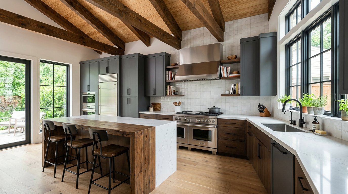 Industrial kitchen with exposed beams