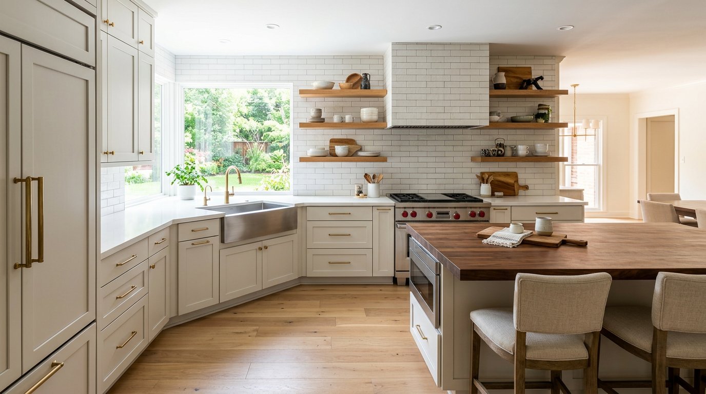 Open shelf kitchen with butcher block