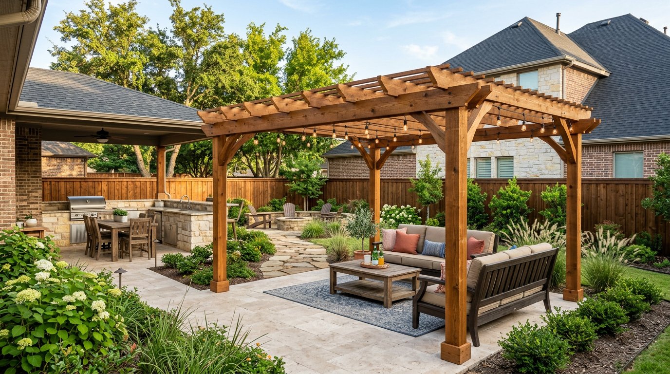 Backyard pergola with string lights