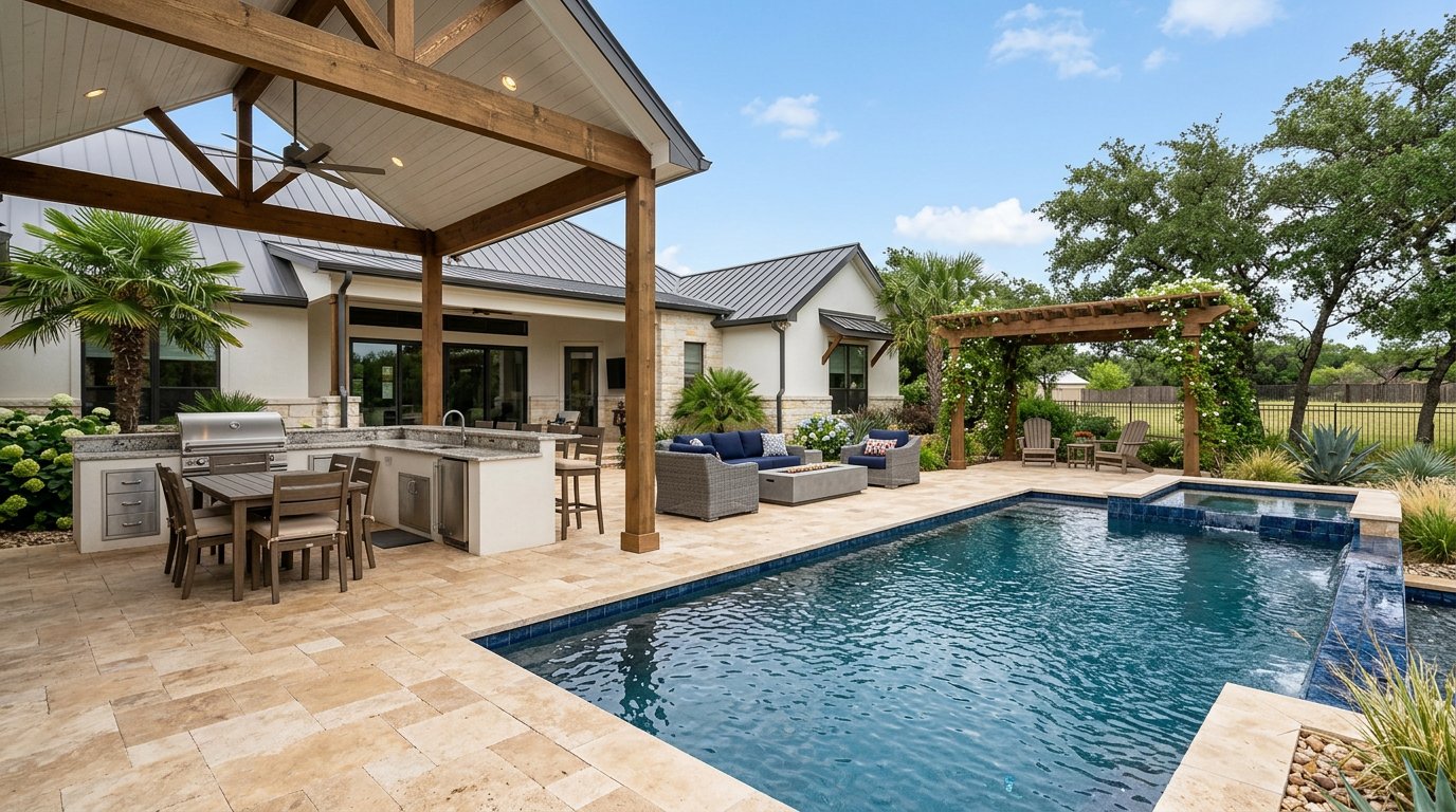 Pool deck with travertine pavers