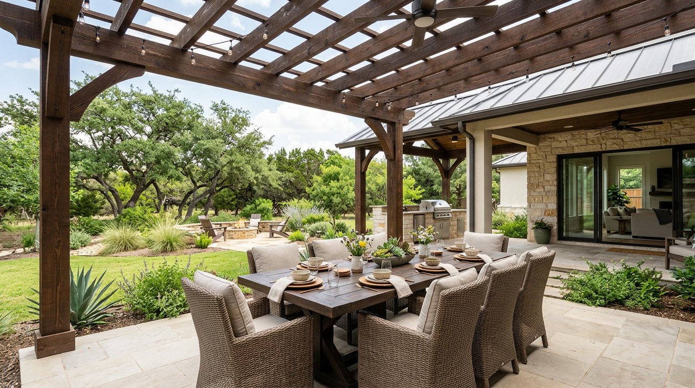 Outdoor dining area with pergola