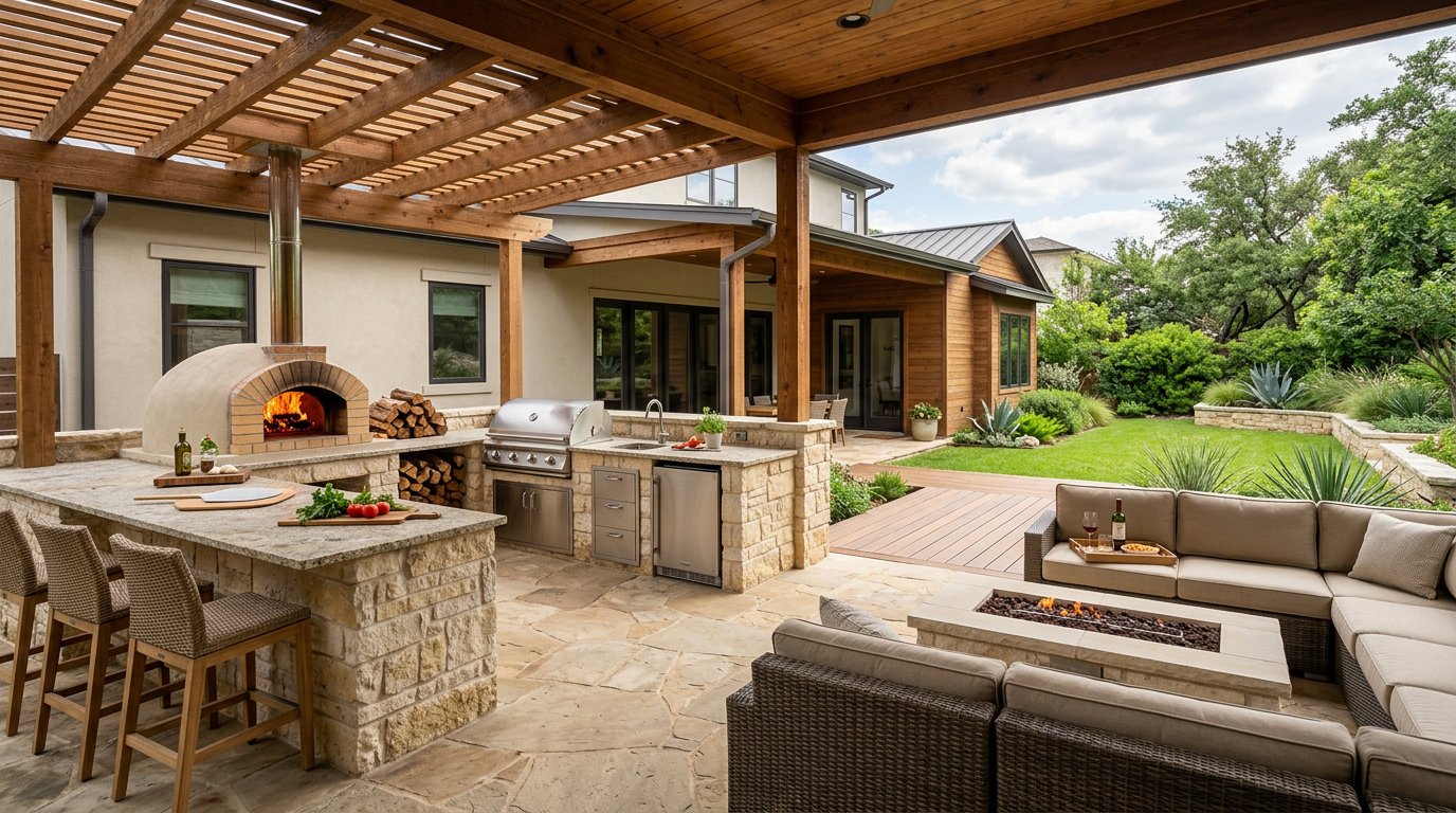 Backyard kitchen with pizza oven