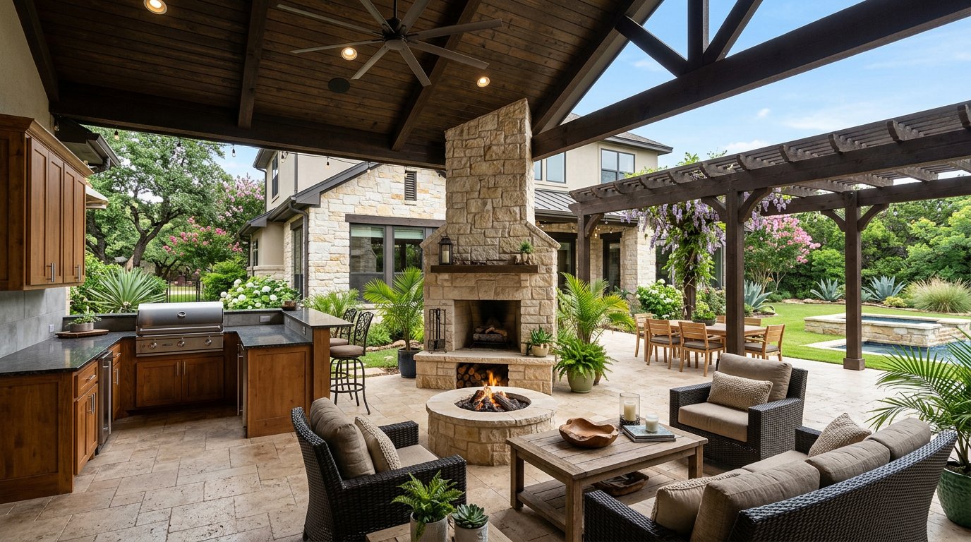 Outdoor fireplace with stone surround