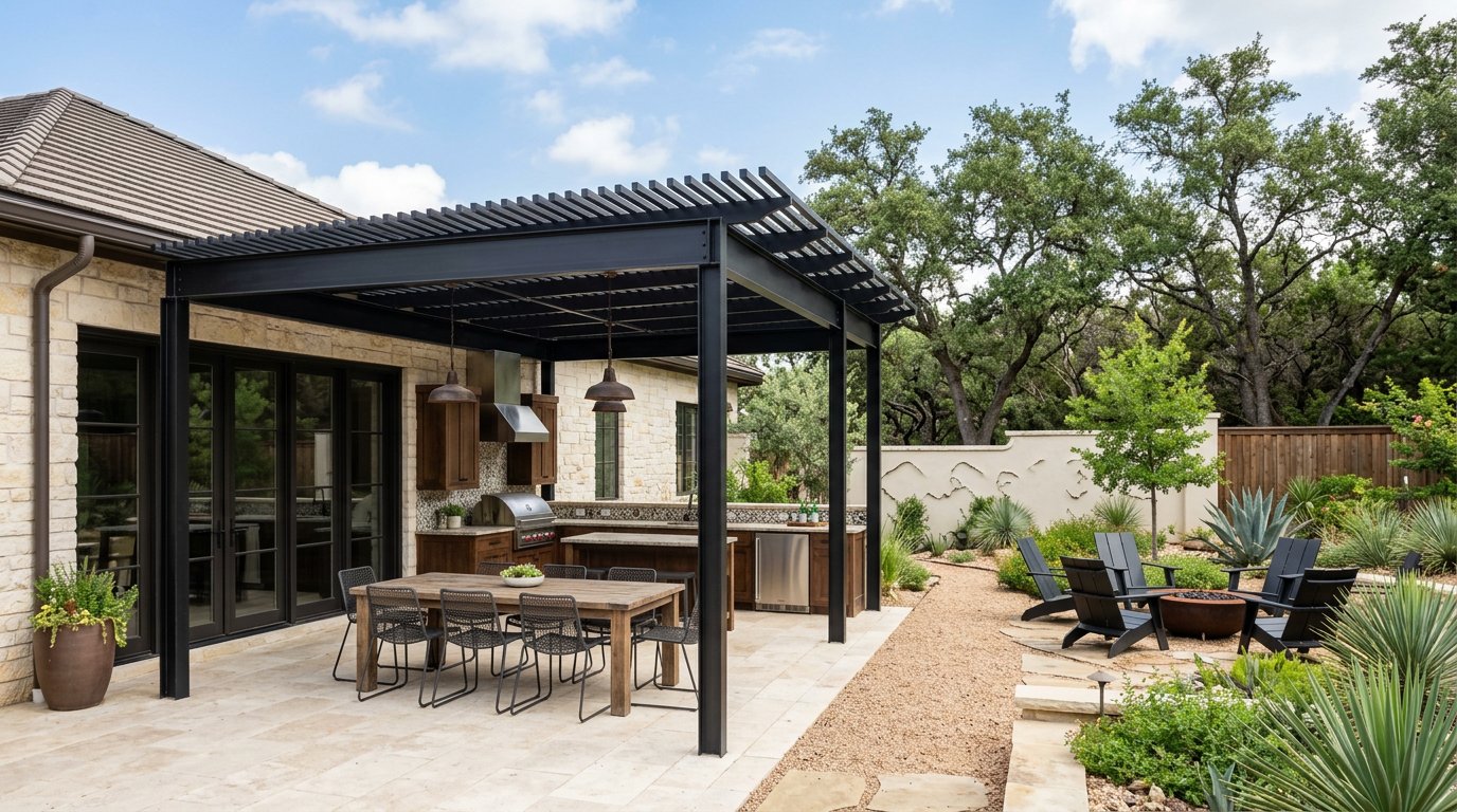 Modern pergola with steel frame