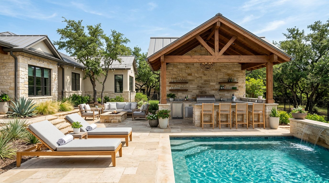 Pool cabana with bar seating