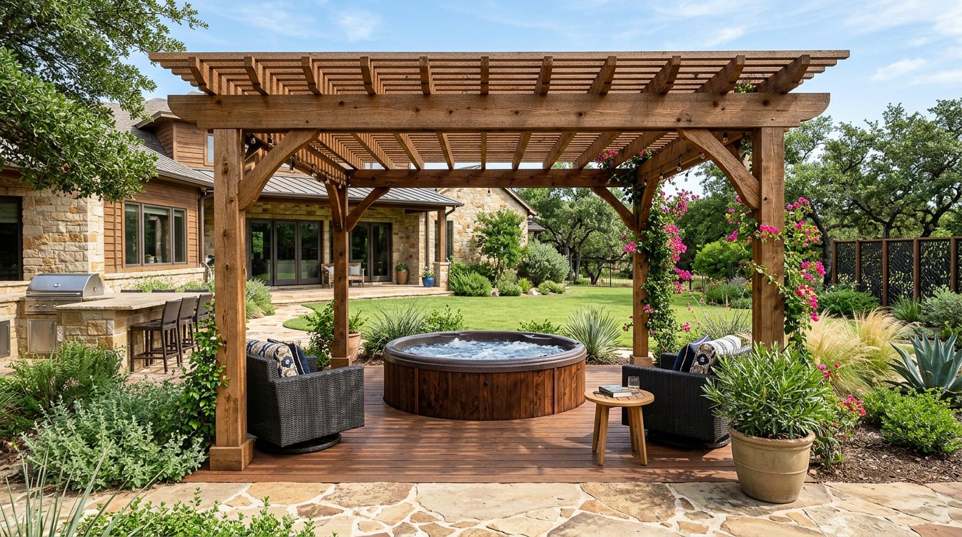 Cedar pergola over hot tub