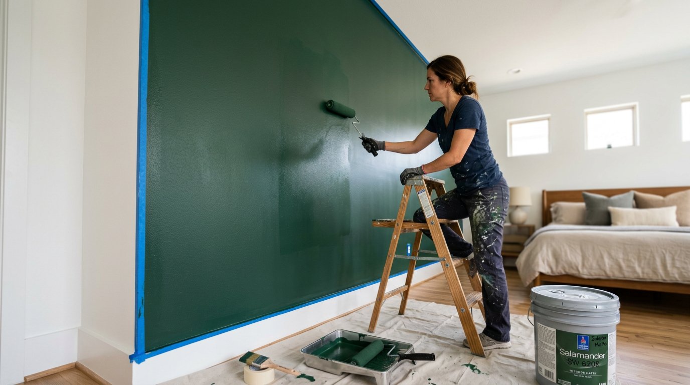 Accent wall in dark green