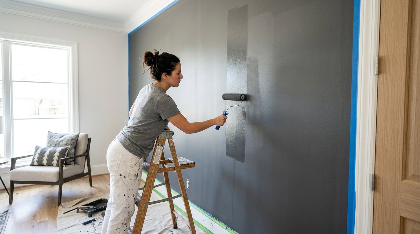 Living room with deep gray walls