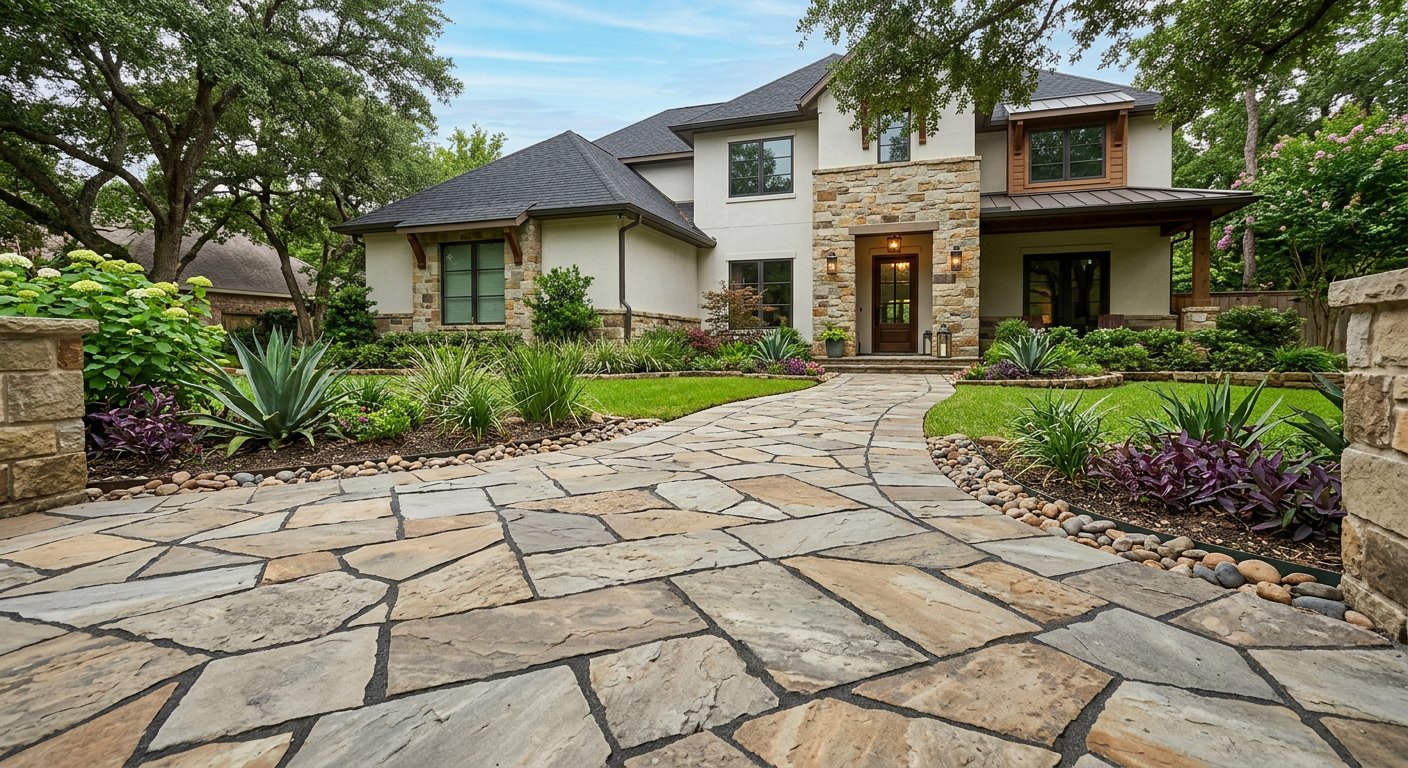 Walkway with natural stone pavers