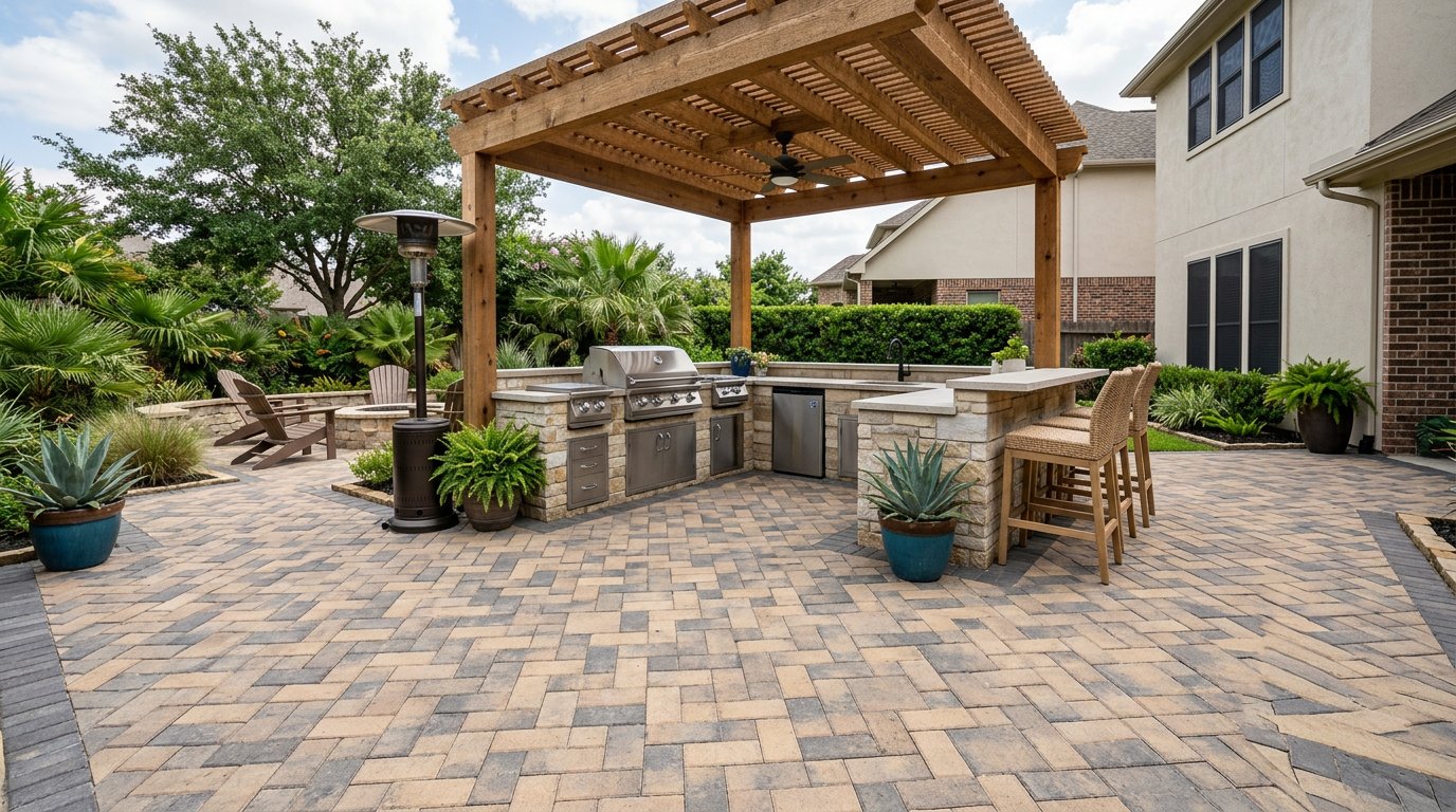 Backyard kitchen on paver patio
