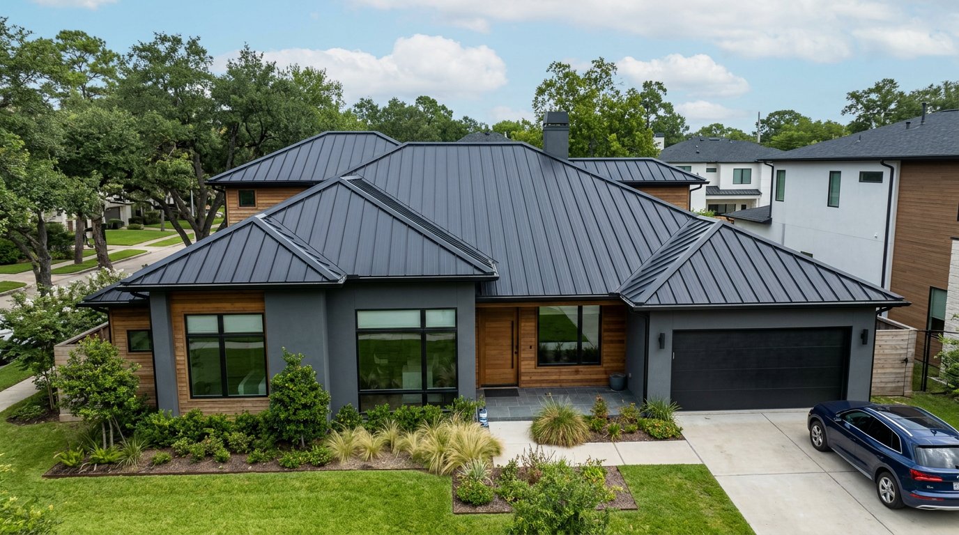 Black metal roof on modern home