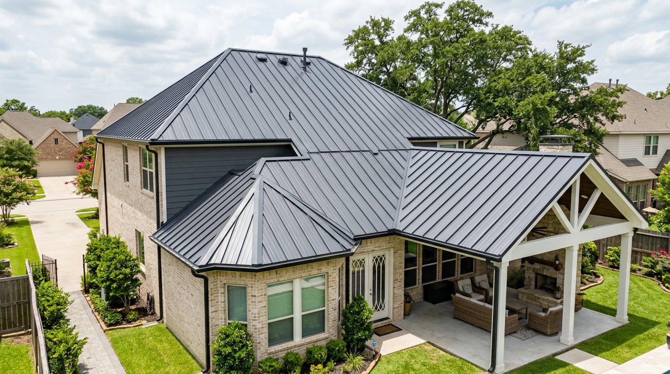 Metal roof on patio cover and home