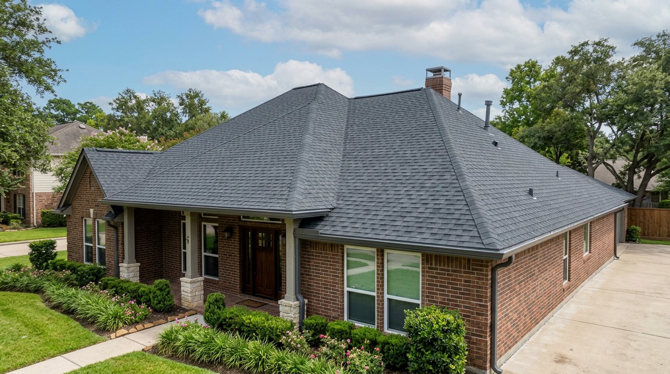 Brick home with new charcoal roof
