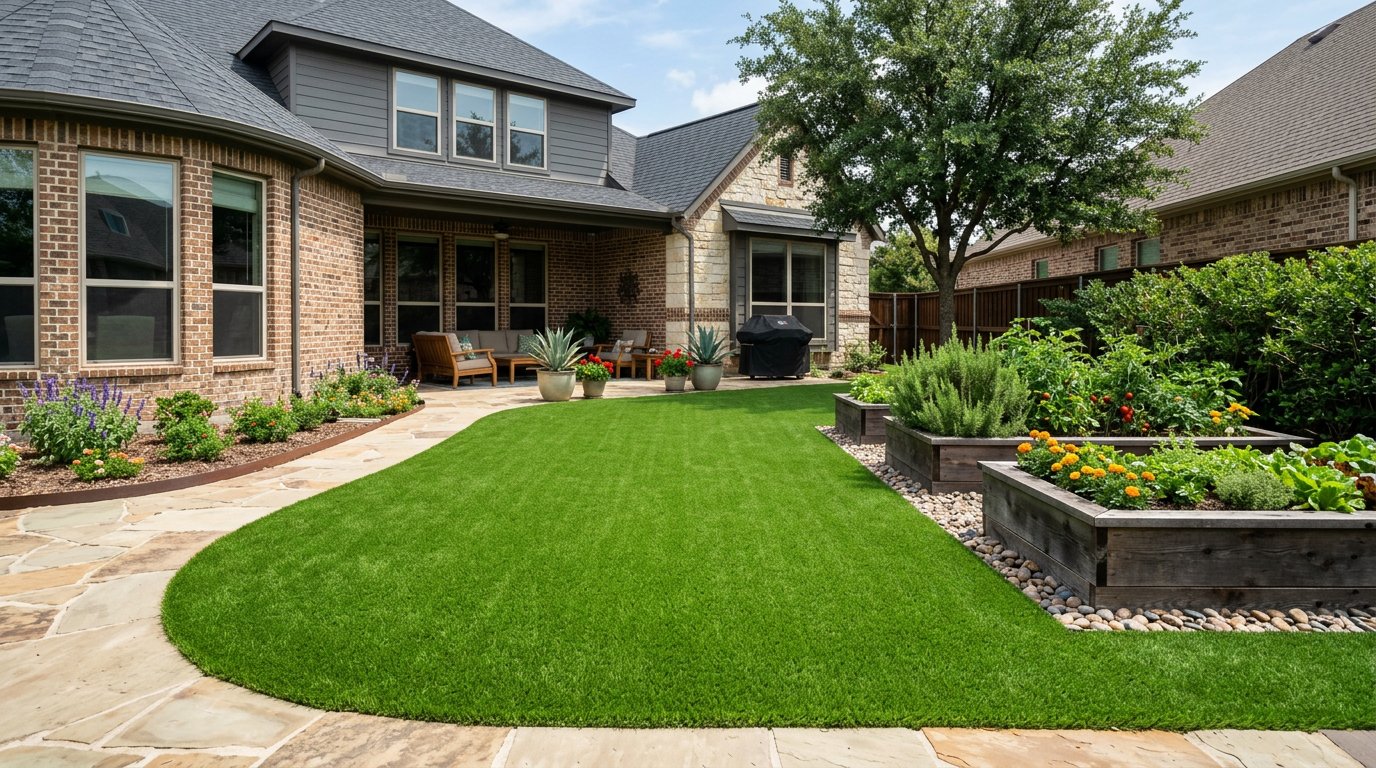 Turf with raised garden beds