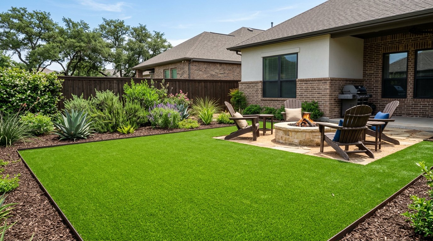 Backyard with turf and fire pit