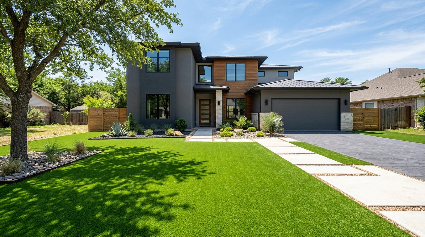 Modern home with turf landscaping