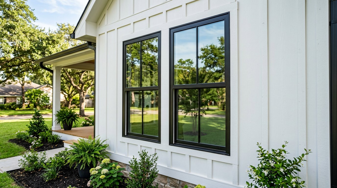 Black windows on white farmhouse